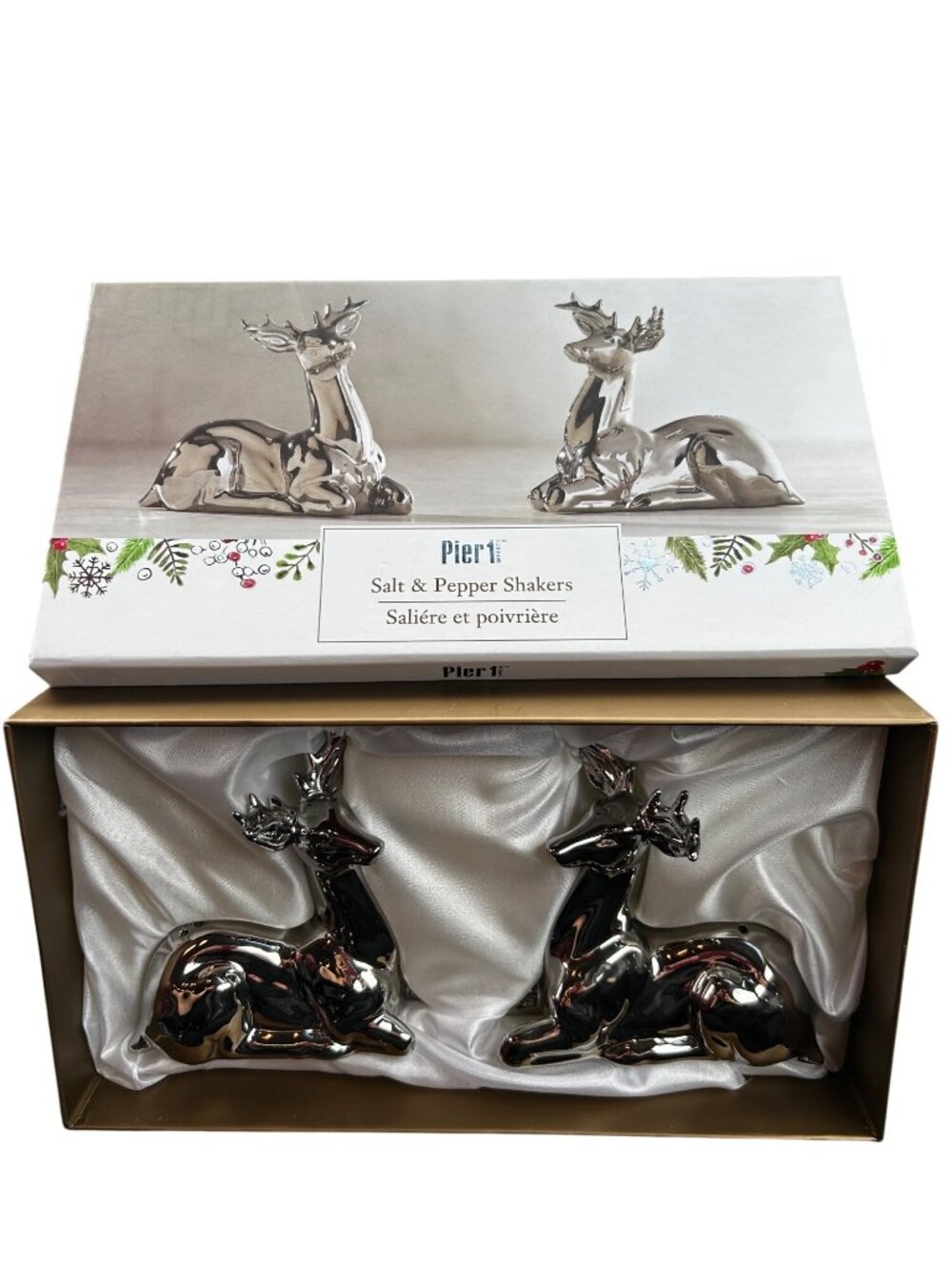 Pier 1 Silver Reindeer Salt & Pepper Shaker Set In Box Pair Of Holiday Christmas